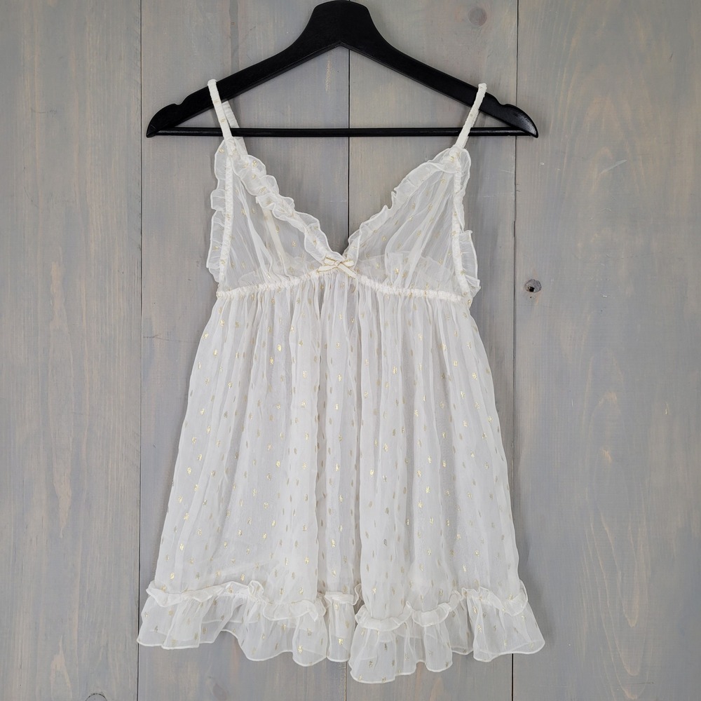 Victoria's Secret Babydoll Top Womens Small White Gold Foil Dot Sheer Ruffle